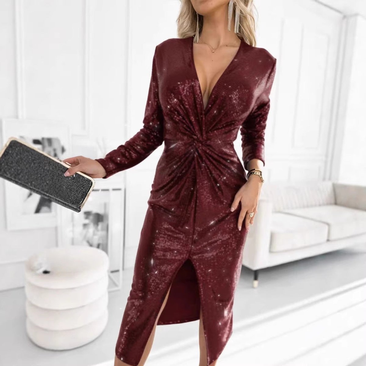 Women's Sequin Long-Sleeve Deep V-Neck Twist-Front Cocktail Dress