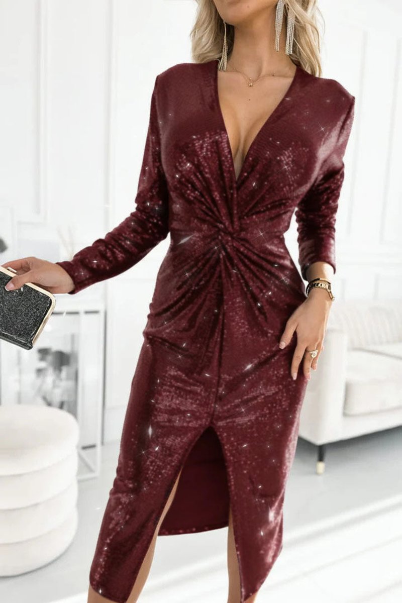 Women's Sequin Long-Sleeve Deep V-Neck Twist-Front Cocktail Dress - Red