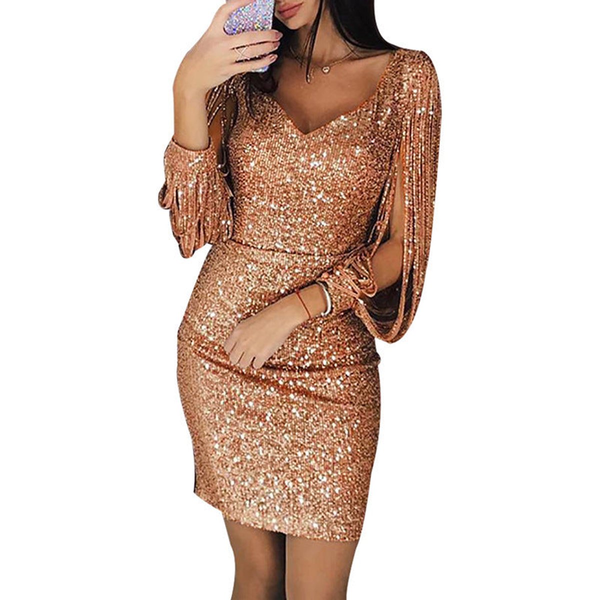Women's Sequin V-Neck Tassel-Sleeve Bodycon Cocktail Dress