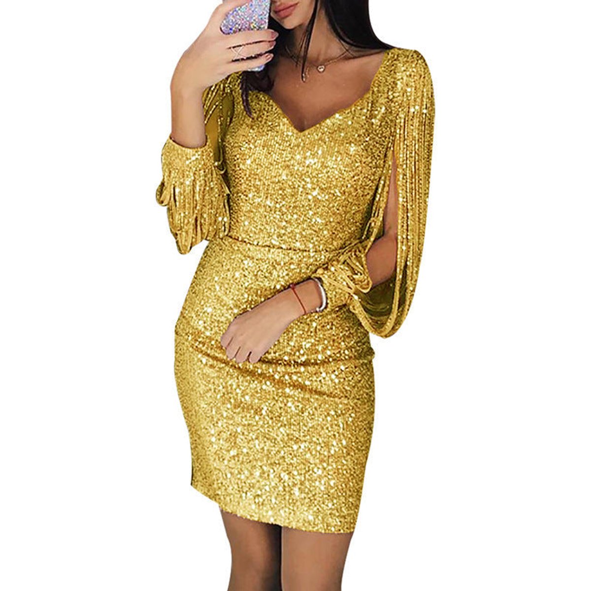 Women's Sequin V-Neck Tassel-Sleeve Bodycon Cocktail Dress - Gold