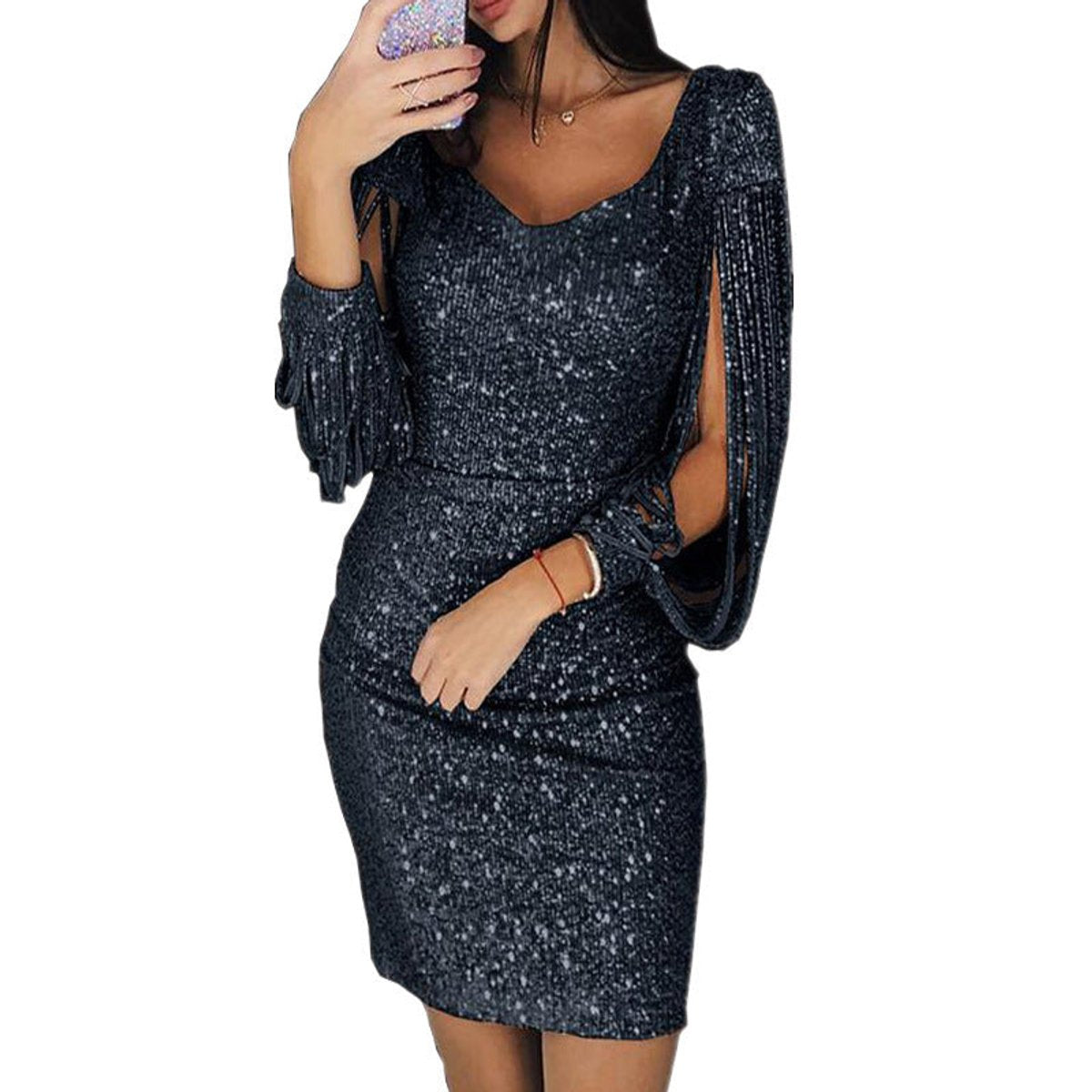 Women's Sequin V-Neck Tassel-Sleeve Bodycon Cocktail Dress