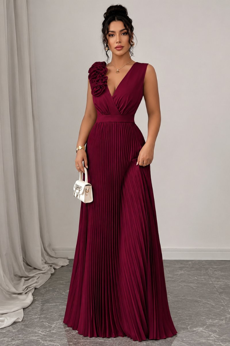 Women's Sleeveless Pleated A-Line Evening Gown Floral Applique - Deep Red