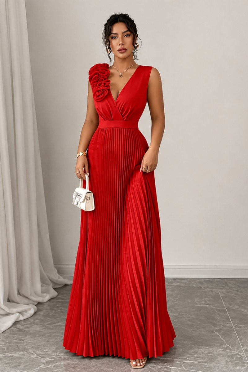 Women's Sleeveless Pleated A-Line Evening Gown Floral Applique - Red