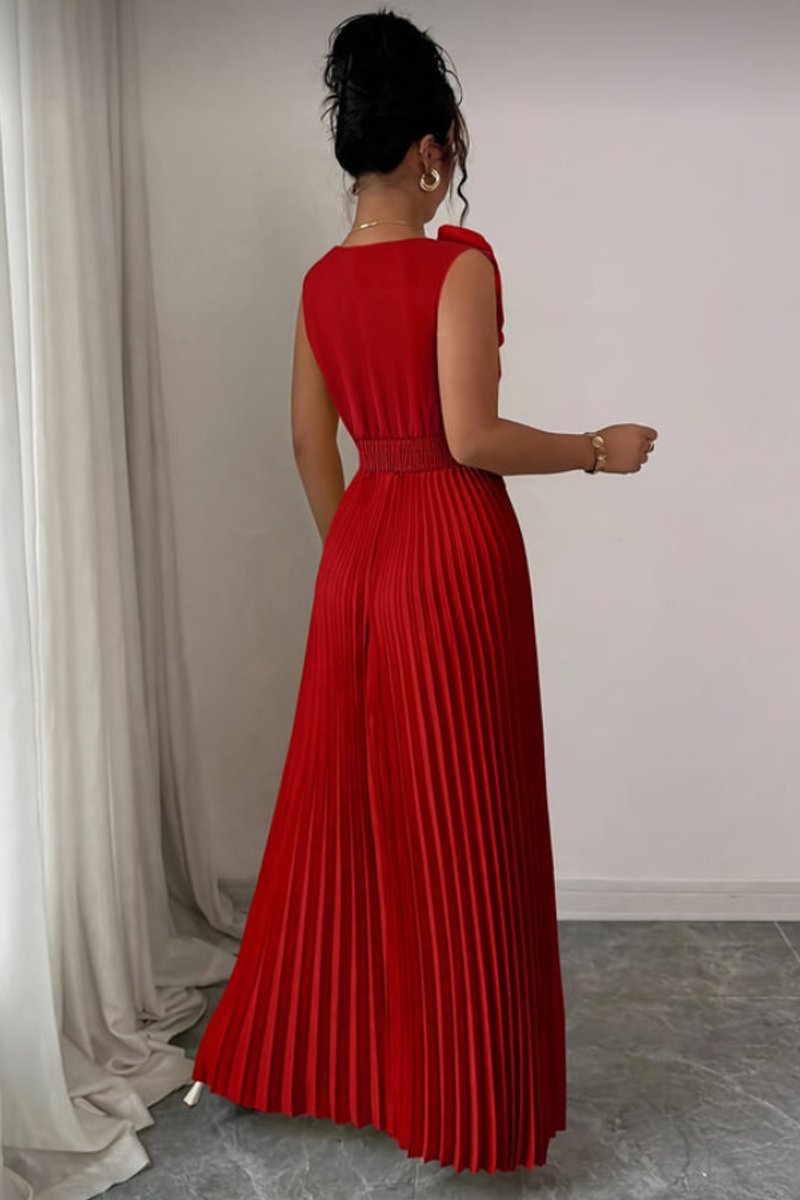 Women's Sleeveless Pleated A-Line Evening Gown Floral Applique
