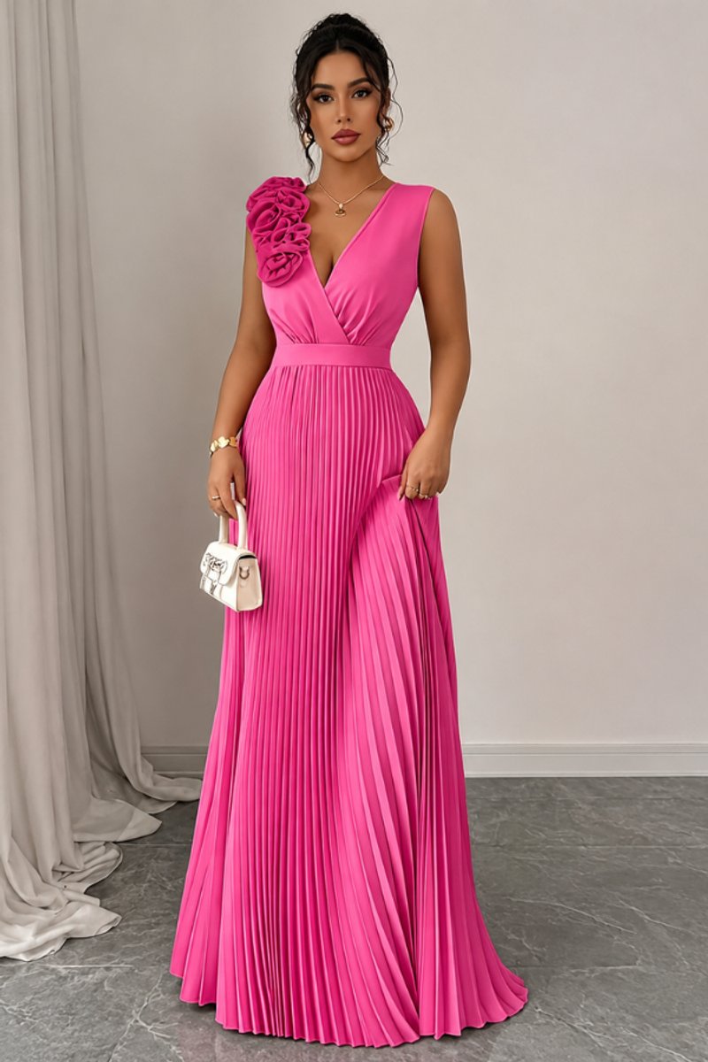 Women's Sleeveless Pleated A-Line Evening Gown Floral Applique - Rose Red