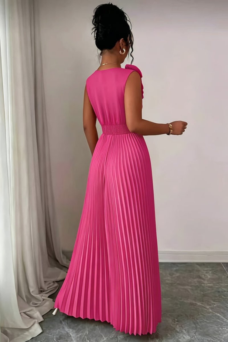 Women's Sleeveless Pleated A-Line Evening Gown Floral Applique