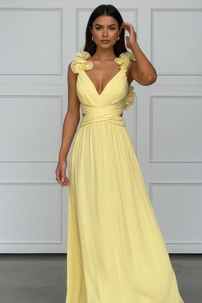 Women's Sleeveless Pleated A-Line Evening Gown Floral Applique - Bright Yellow