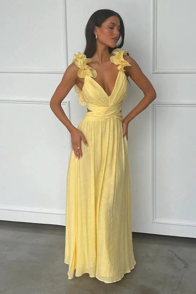 Women's Sleeveless Pleated A-Line Evening Gown Floral Applique