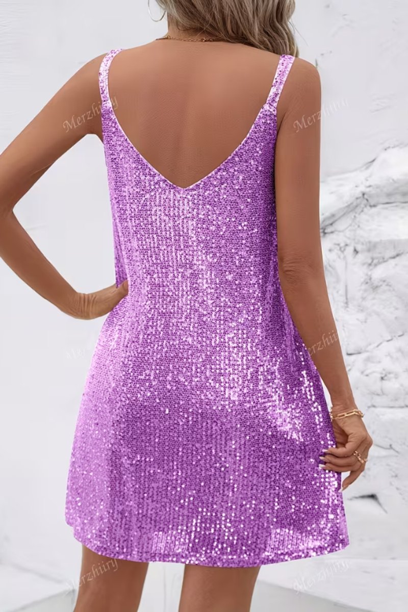 Women's Sleeveless Sequin Mini Evening Gown V-Neck Party Dress