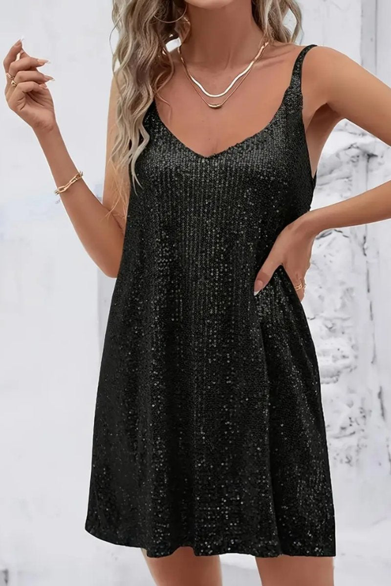 Women's Sleeveless Sequin Mini Evening Gown V-Neck Party Dress - Black