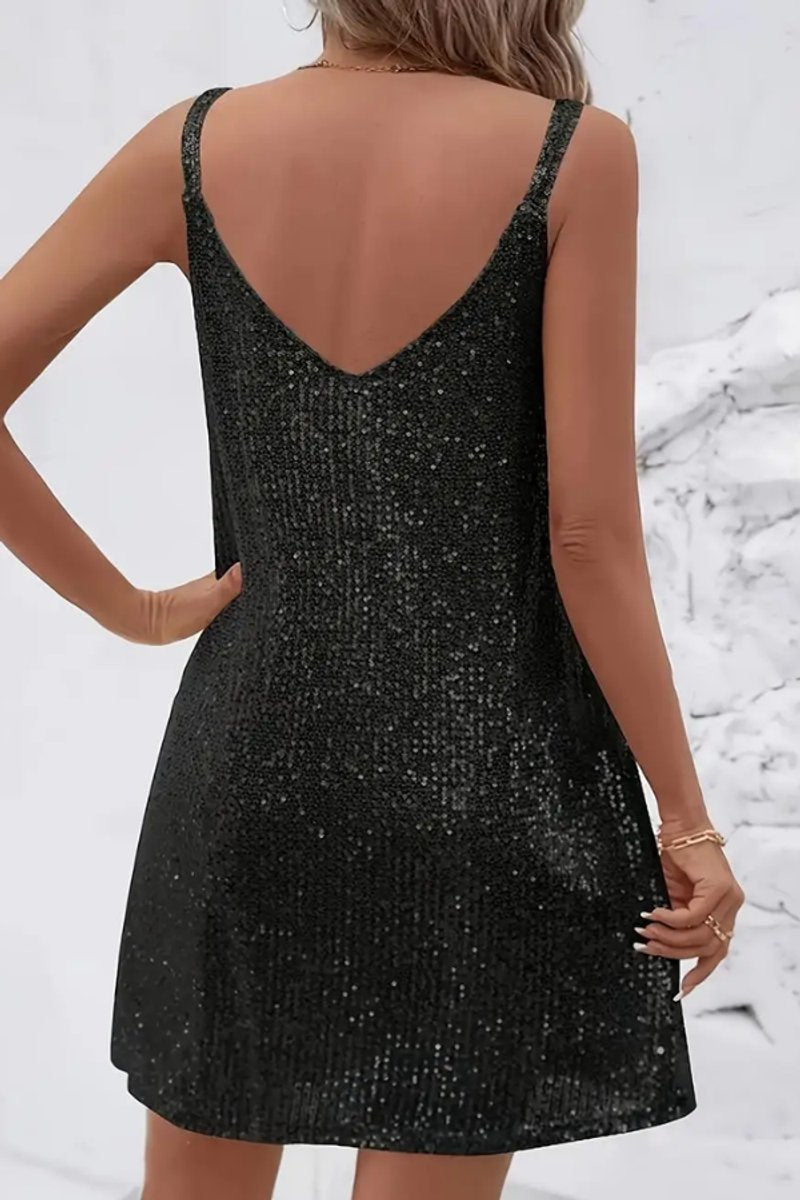 Women's Sleeveless Sequin Mini Evening Gown V-Neck Party Dress
