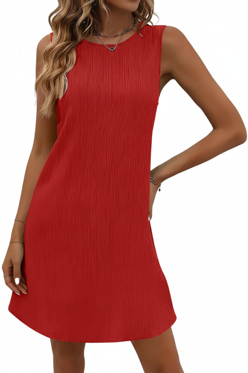 Women's Sleeveless Swing Mini Evening Gown Ribbed Knit Dress - Red