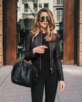 Women's Slim-Fit Zip-Up Faux Leather Jacket - Black
