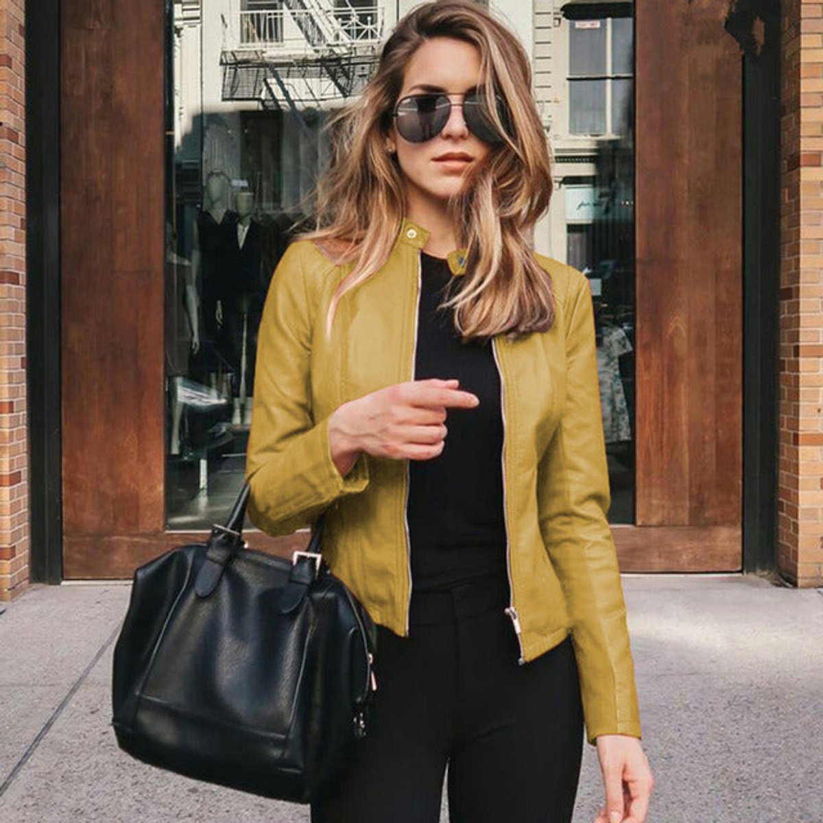 Women's Slim-Fit Zip-Up Faux Leather Jacket - Yellow