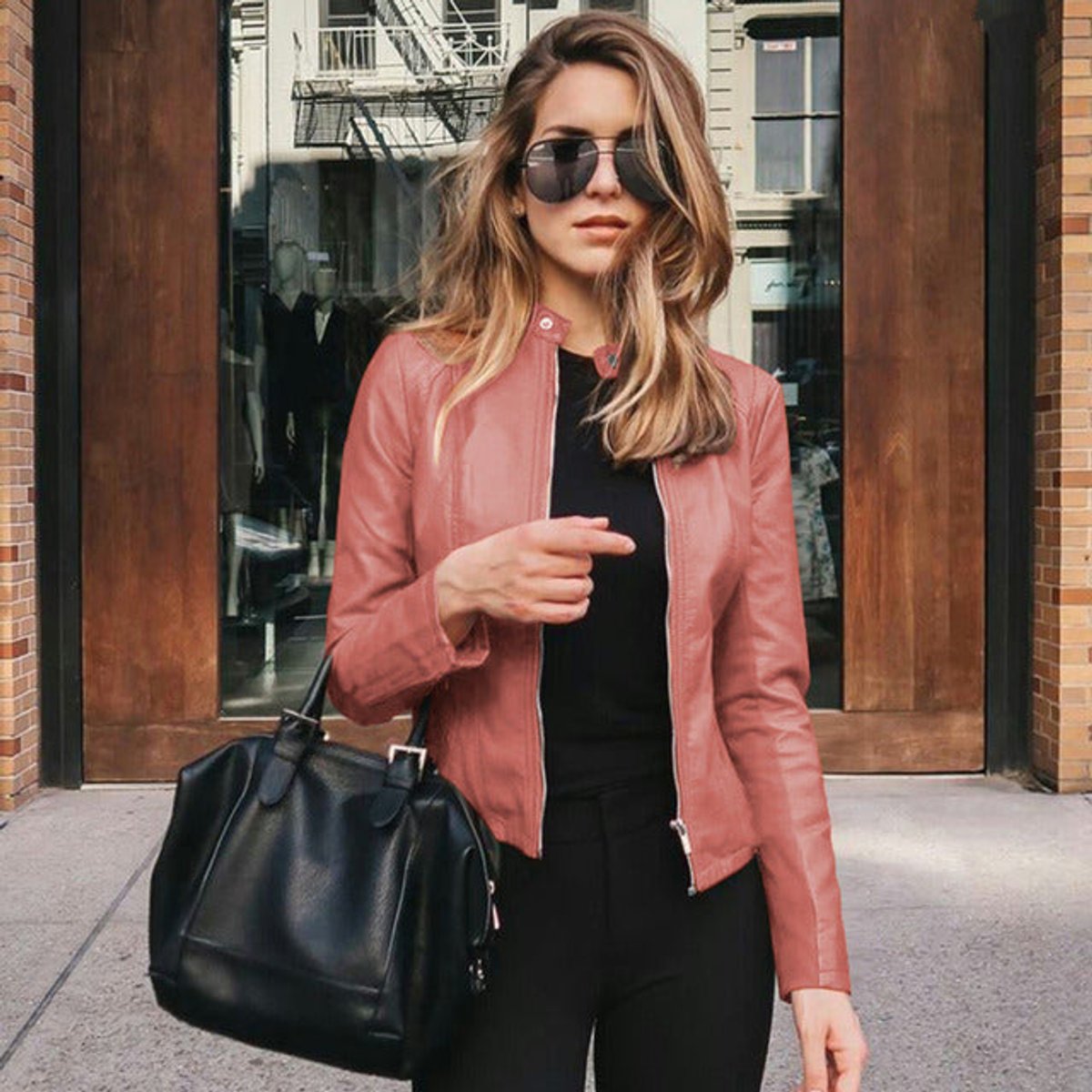 Women's Slim-Fit Zip-Up Faux Leather Jacket - Light Pink
