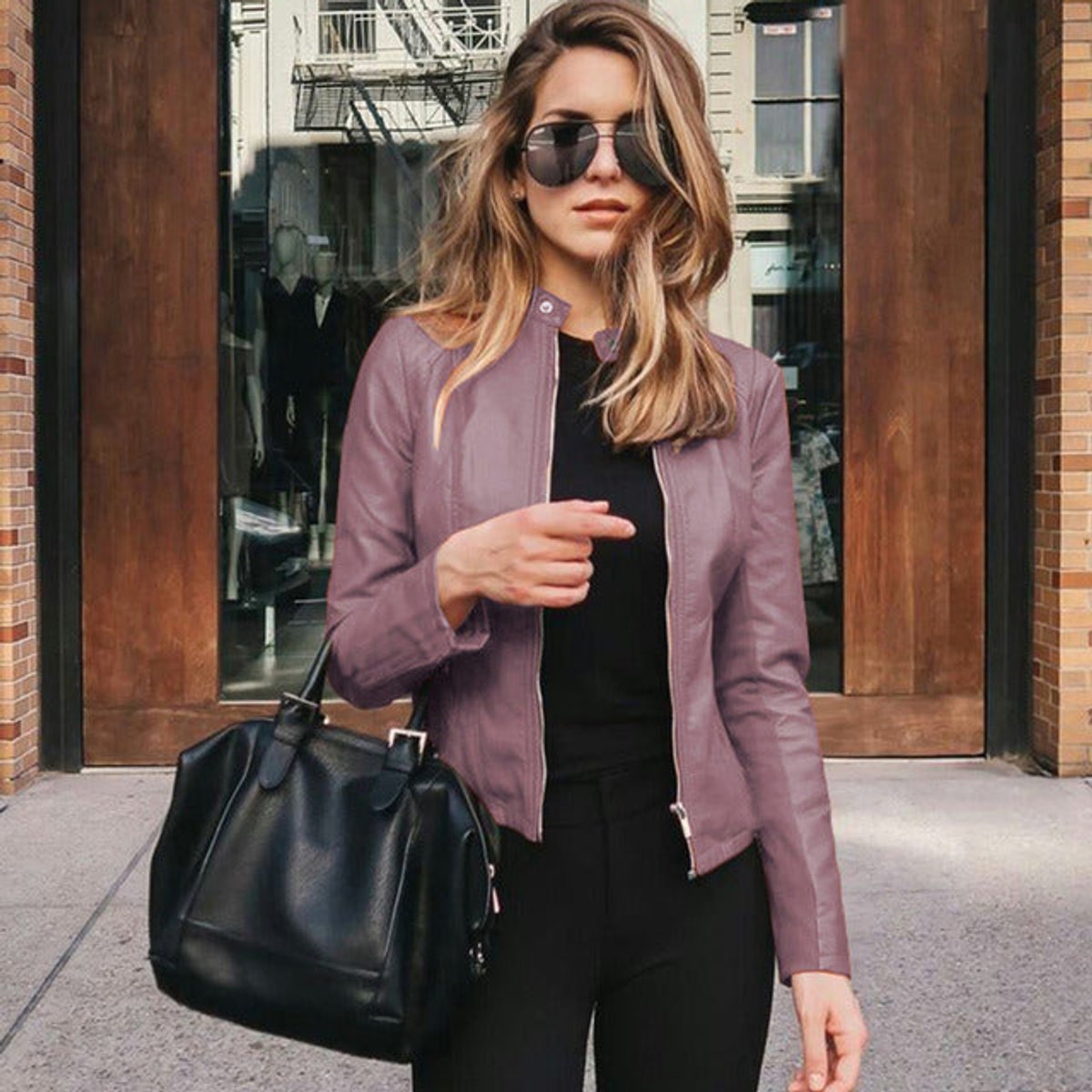 Women's Slim-Fit Zip-Up Faux Leather Jacket - Purple