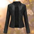 Women's Slim-Fit Zip-Up Faux Leather Moto Jacket - Black