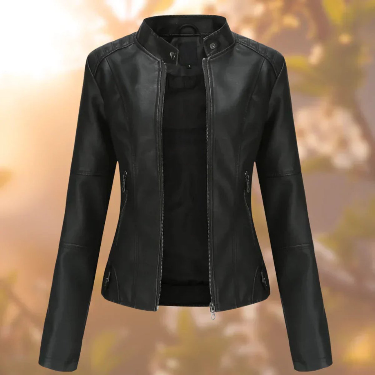 Women's Slim-Fit Zip-Up Faux Leather Moto Jacket - Black