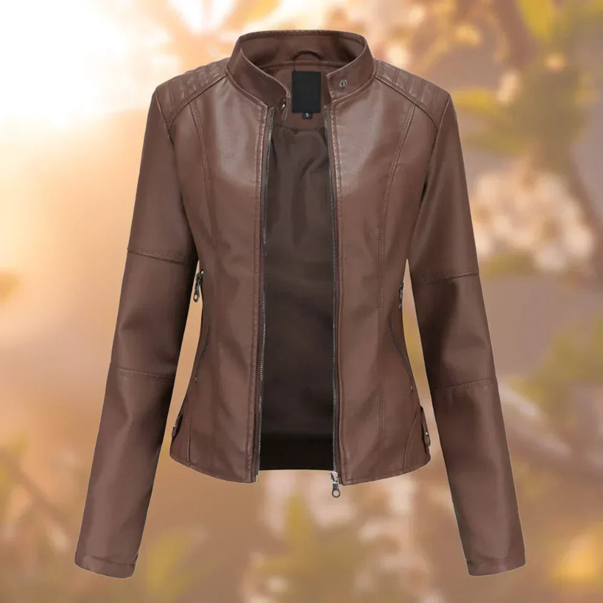 Women's Slim-Fit Zip-Up Faux Leather Moto Jacket - Dark Brown