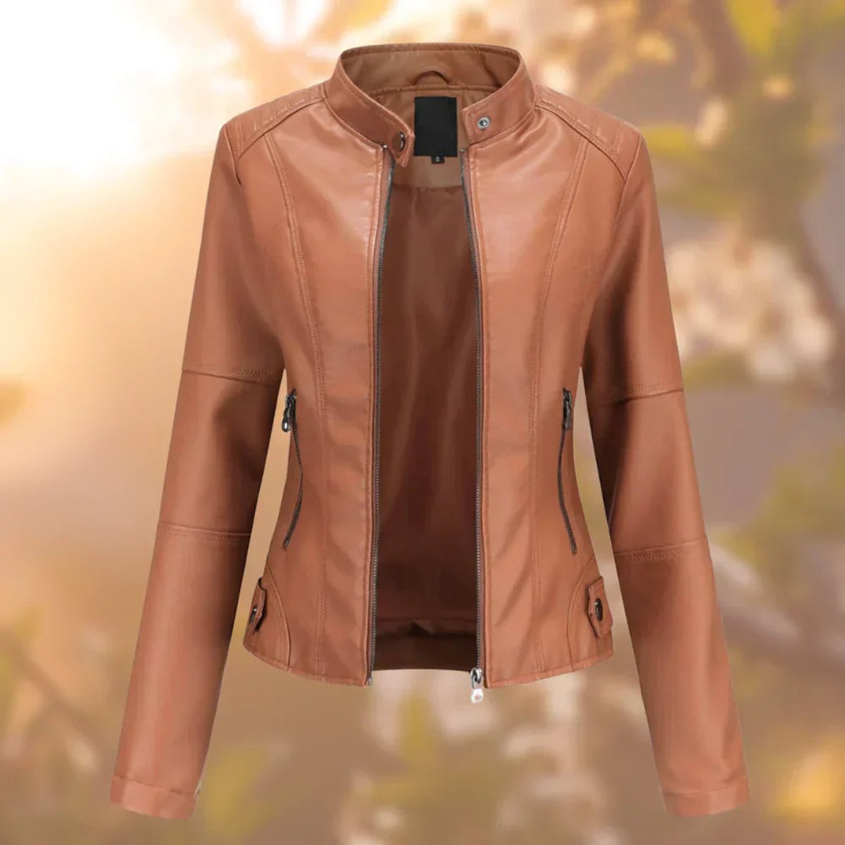 Women's Slim-Fit Zip-Up Faux Leather Moto Jacket - Brown