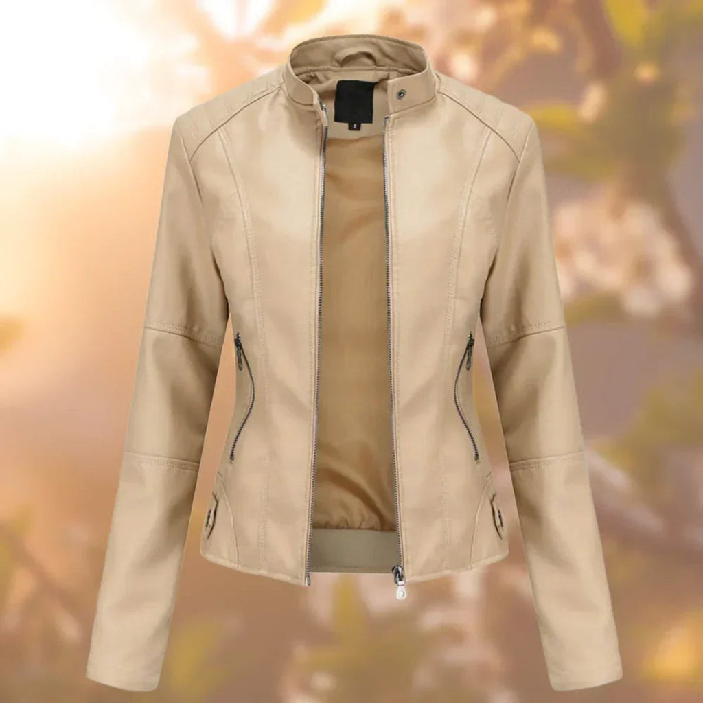 Women's Slim-Fit Zip-Up Faux Leather Moto Jacket - Beige