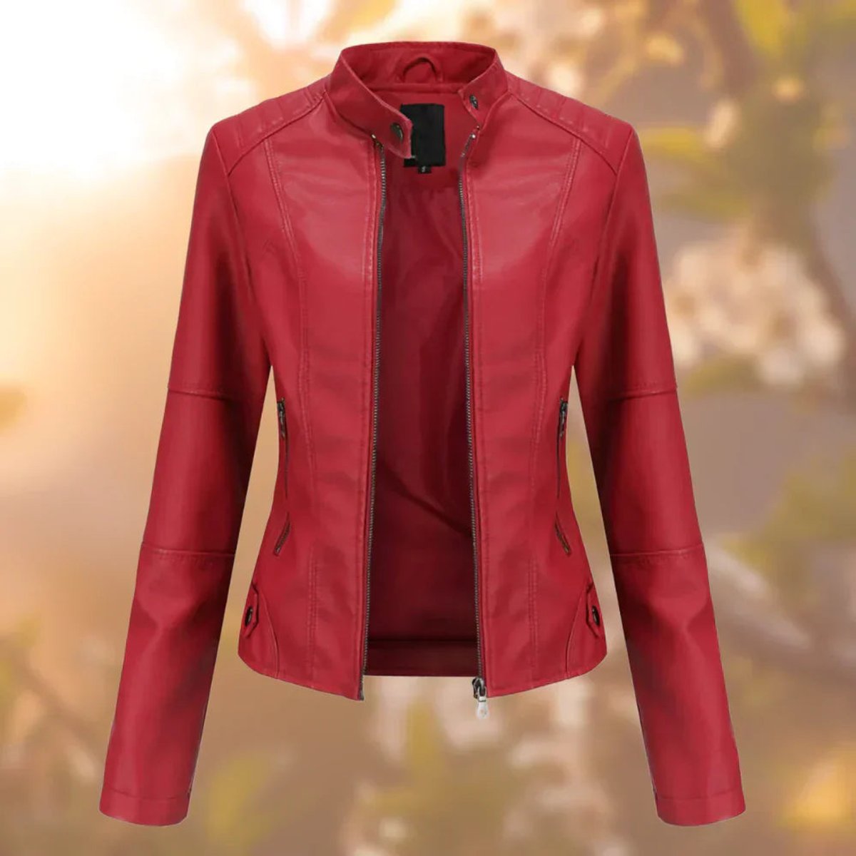 Women's Slim-Fit Zip-Up Faux Leather Moto Jacket - Red
