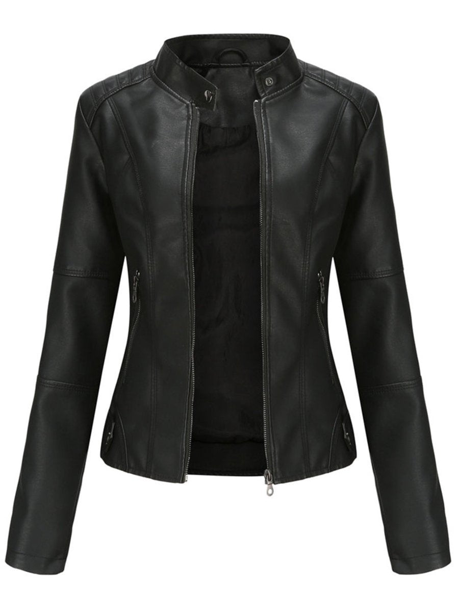 Women's Slim-Fit Zip-Up Moto Faux Leather Jacket - Black