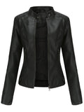 Women's Slim-Fit Zip-Up Moto Faux Leather Jacket - Black
