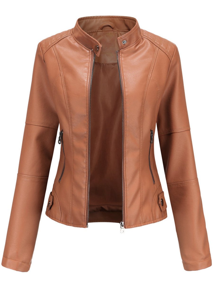 Women's Slim-Fit Zip-Up Moto Faux Leather Jacket - Brown