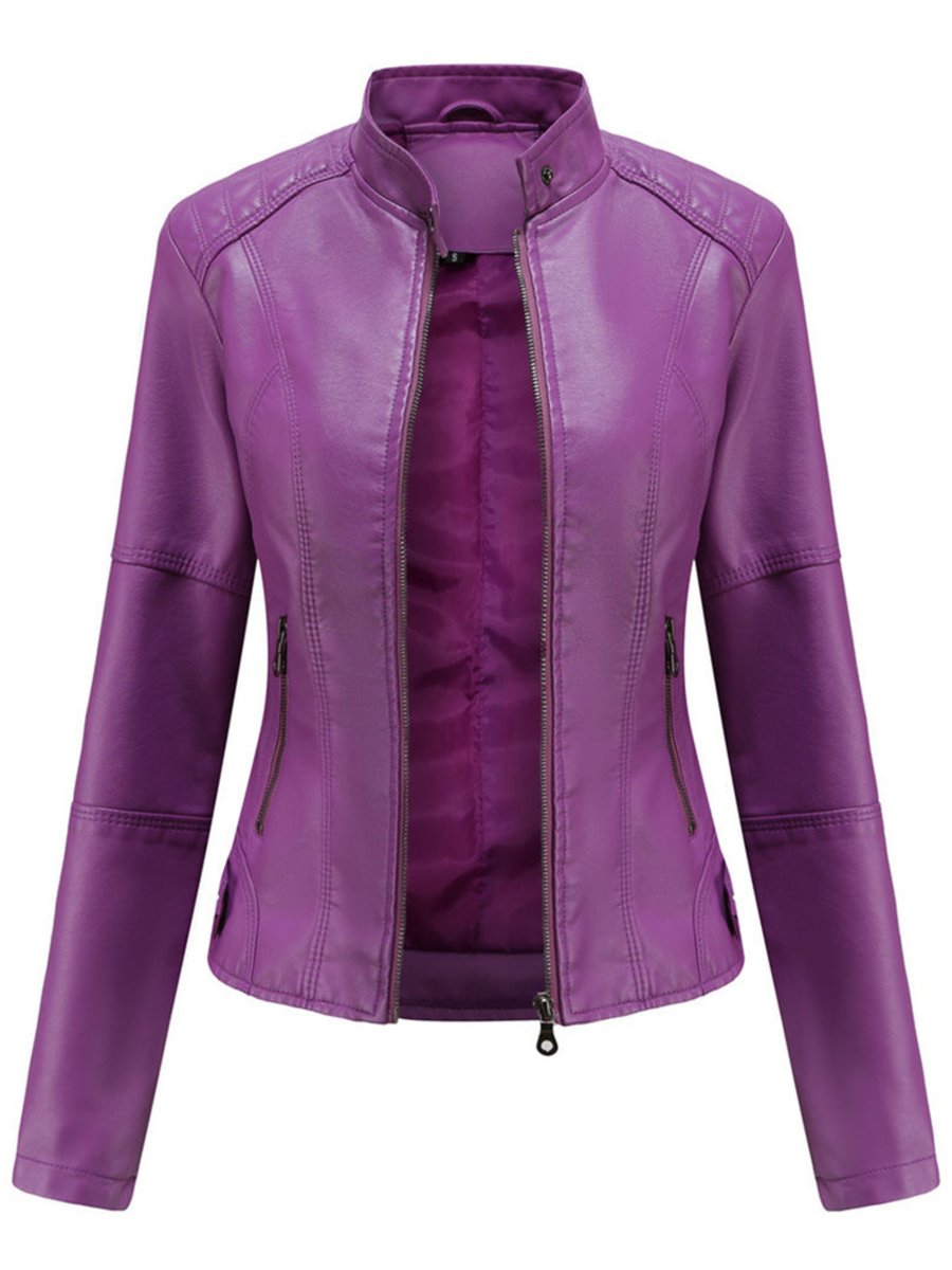 Women's Slim-Fit Zip-Up Moto Faux Leather Jacket - Lilac