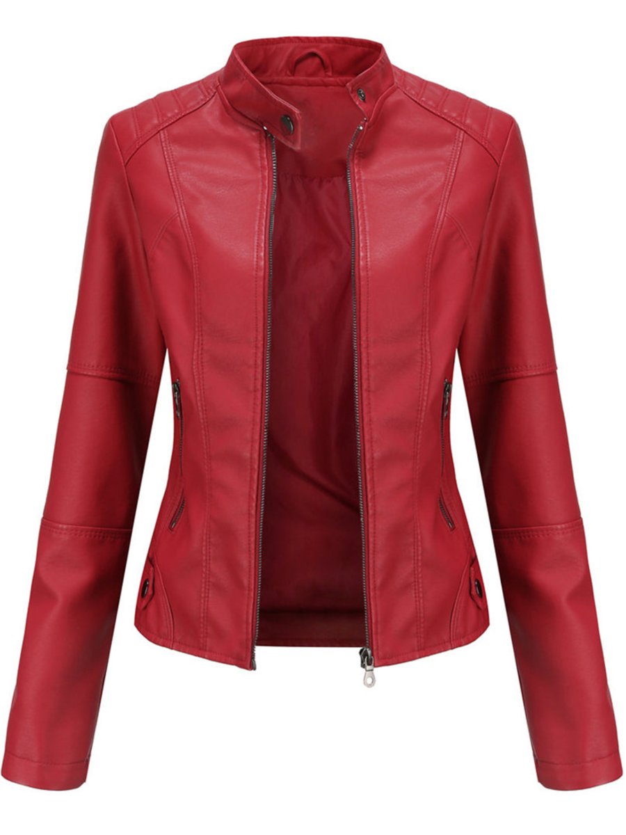 Women's Slim-Fit Zip-Up Moto Faux Leather Jacket - Red