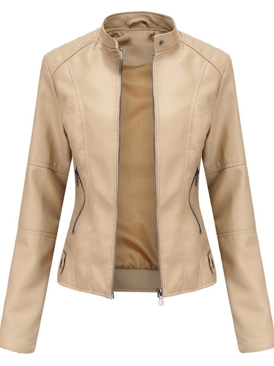 Women's Slim-Fit Zip-Up Moto Faux Leather Jacket - Beige