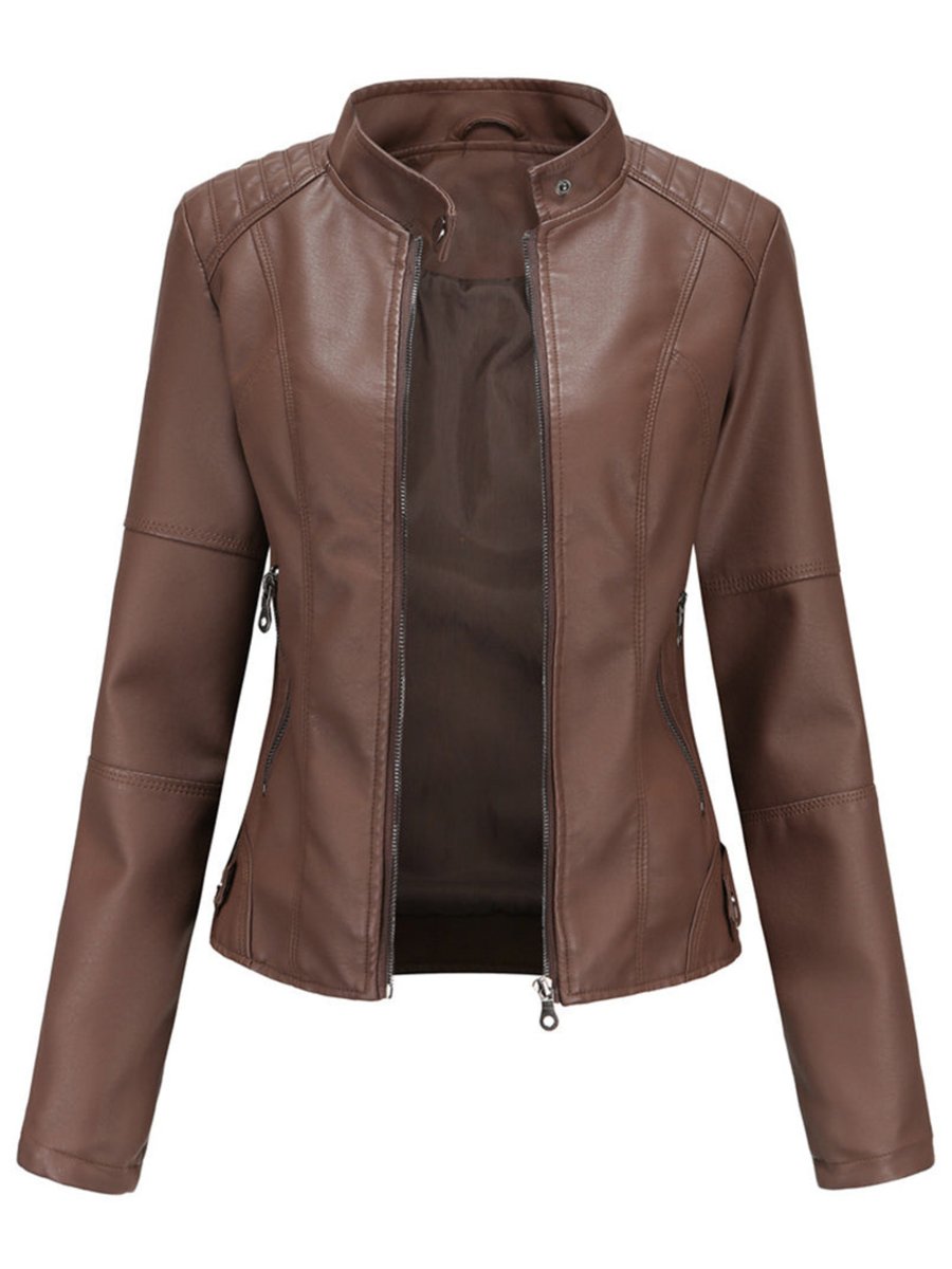 Women's Slim-Fit Zip-Up Moto Faux Leather Jacket - Dark Brown