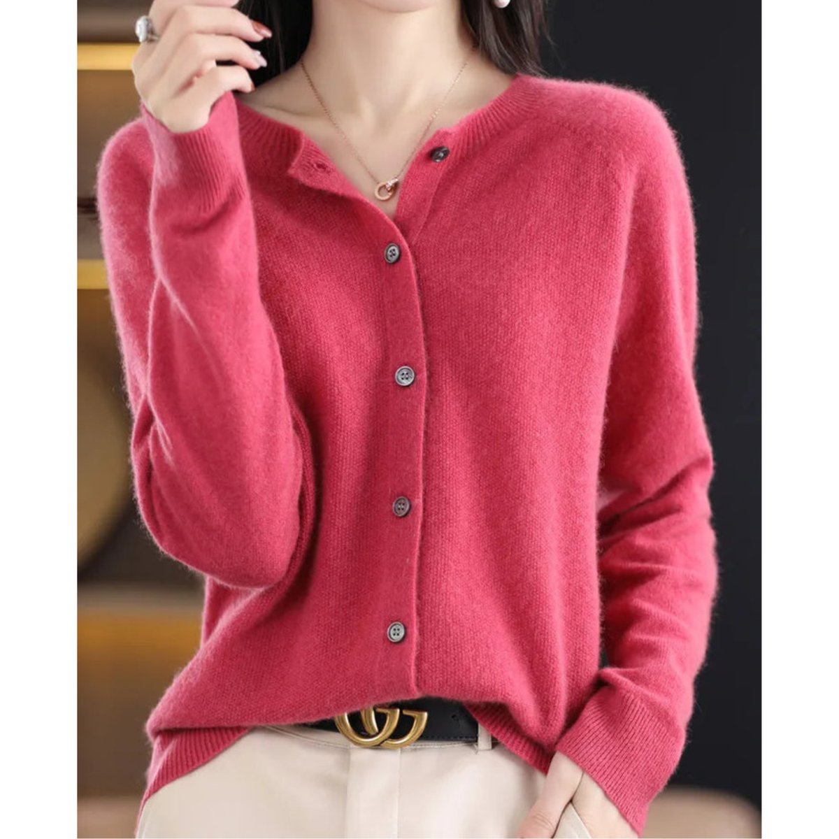 Women's Soft Knit Button-Front Cashmere Cardigan Sweater - Dark Pink