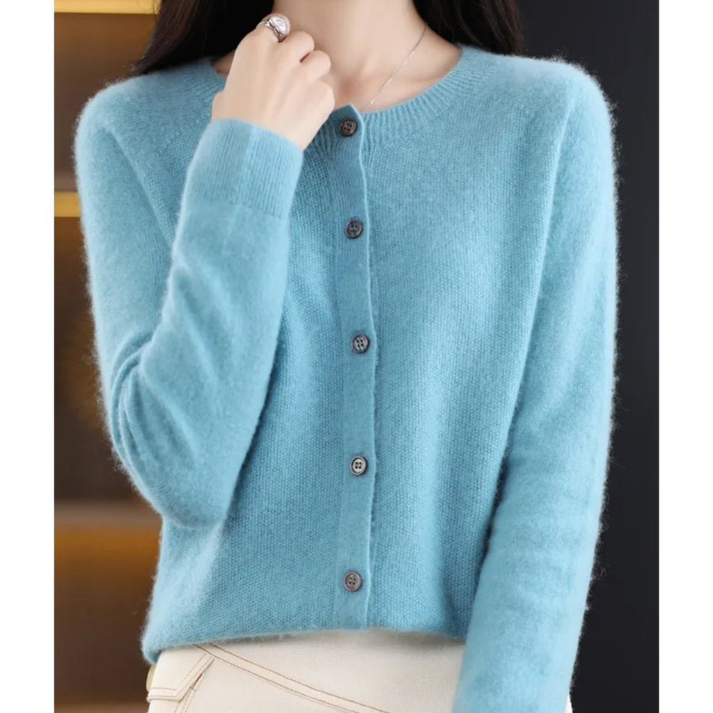 Women's Soft Knit Button-Front Cashmere Cardigan Sweater - Light Turquoise