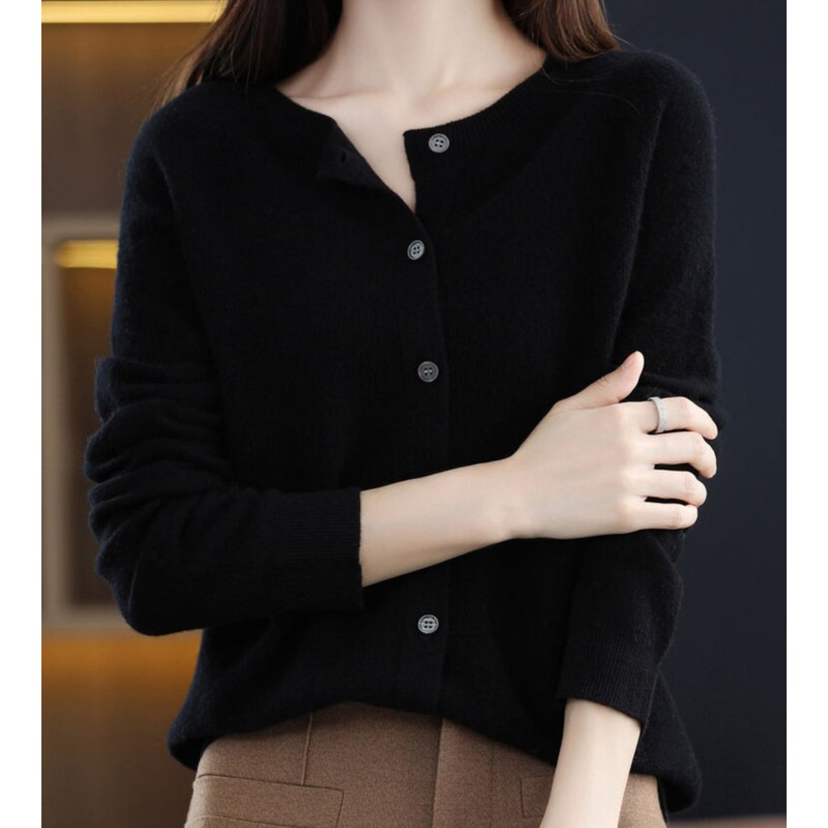 Women's Soft Knit Button-Front Cashmere Cardigan Sweater - Black