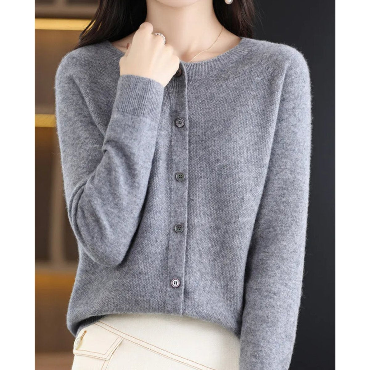 Women's Soft Knit Button-Front Cashmere Cardigan Sweater - Gray