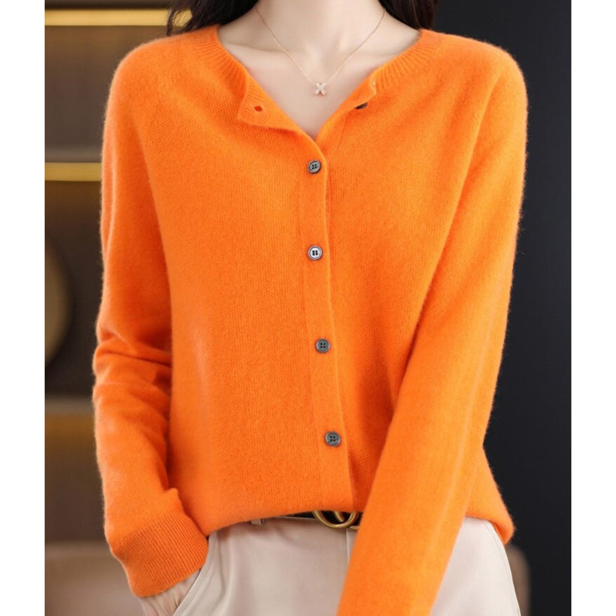 Women's Soft Knit Button-Front Cashmere Cardigan Sweater - Orange
