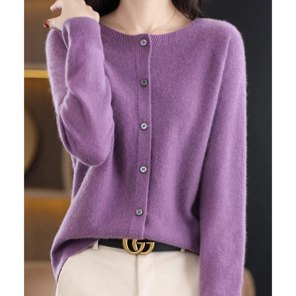 Women's Soft Knit Button-Front Cashmere Cardigan Sweater - Lilac