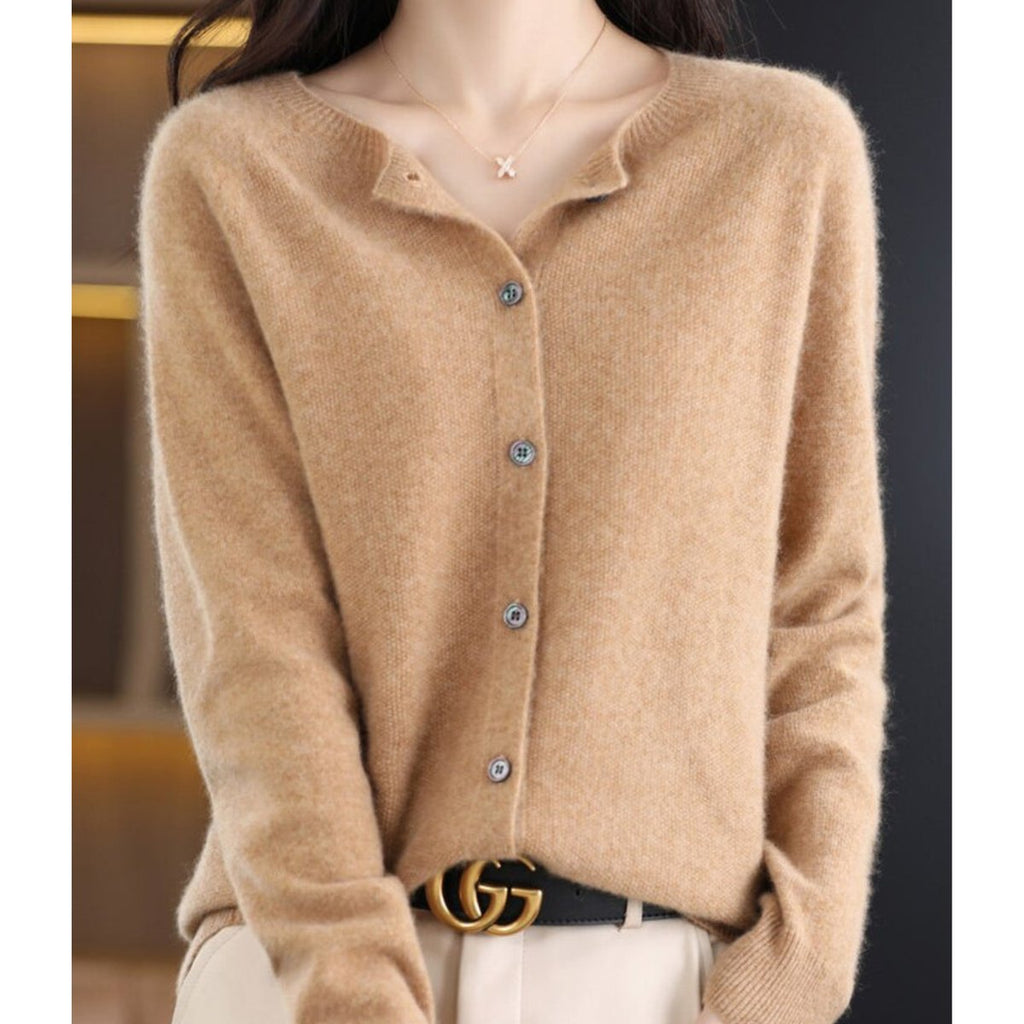 Women's Soft Knit Button-Front Cashmere Cardigan Sweater - Light Brown