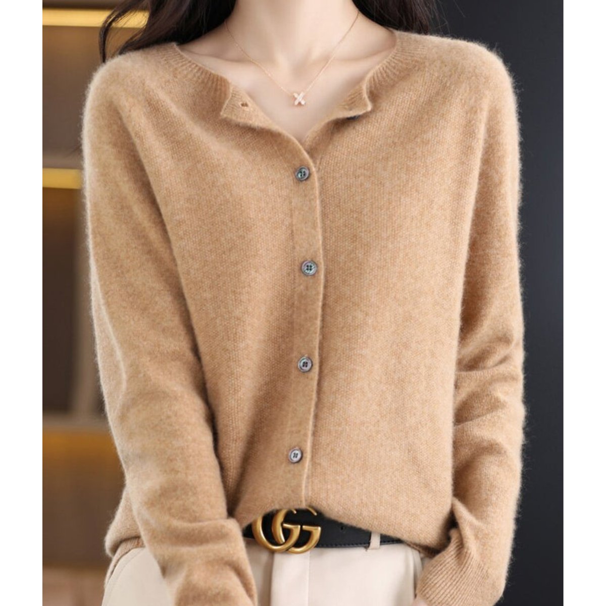 Women's Soft Knit Button-Front Cashmere Cardigan Sweater - Light Brown