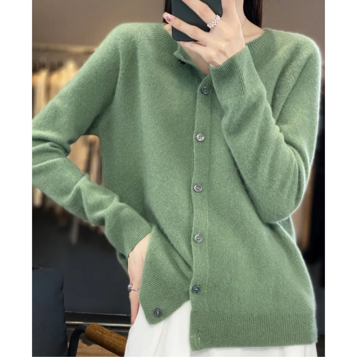 Women's Soft Knit Button-Front Cashmere Cardigan Sweater - Light Green