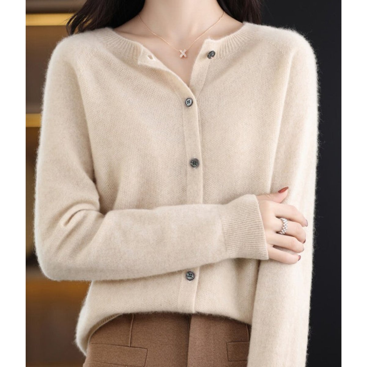 Women's Soft Knit Button-Front Cashmere Cardigan Sweater - Khaki