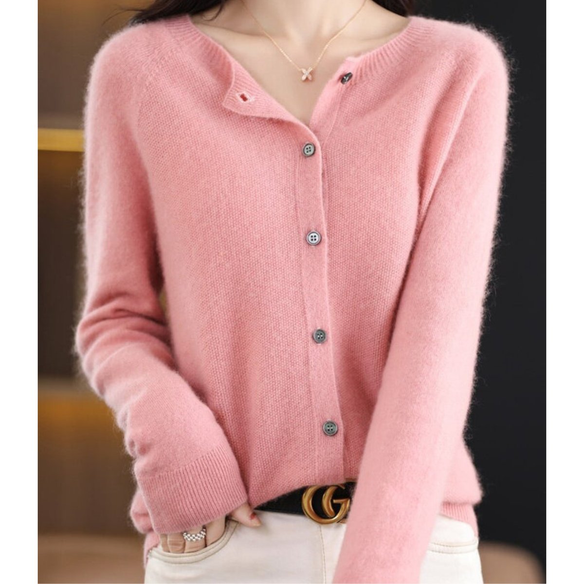 Women's Soft Knit Button-Front Cashmere Cardigan Sweater - Light Pink