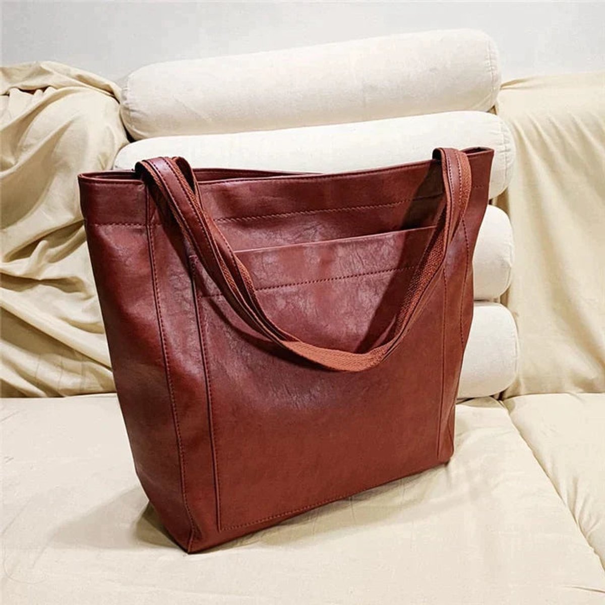 Women's Spacious Leather Shoulder Tote Bag - Red