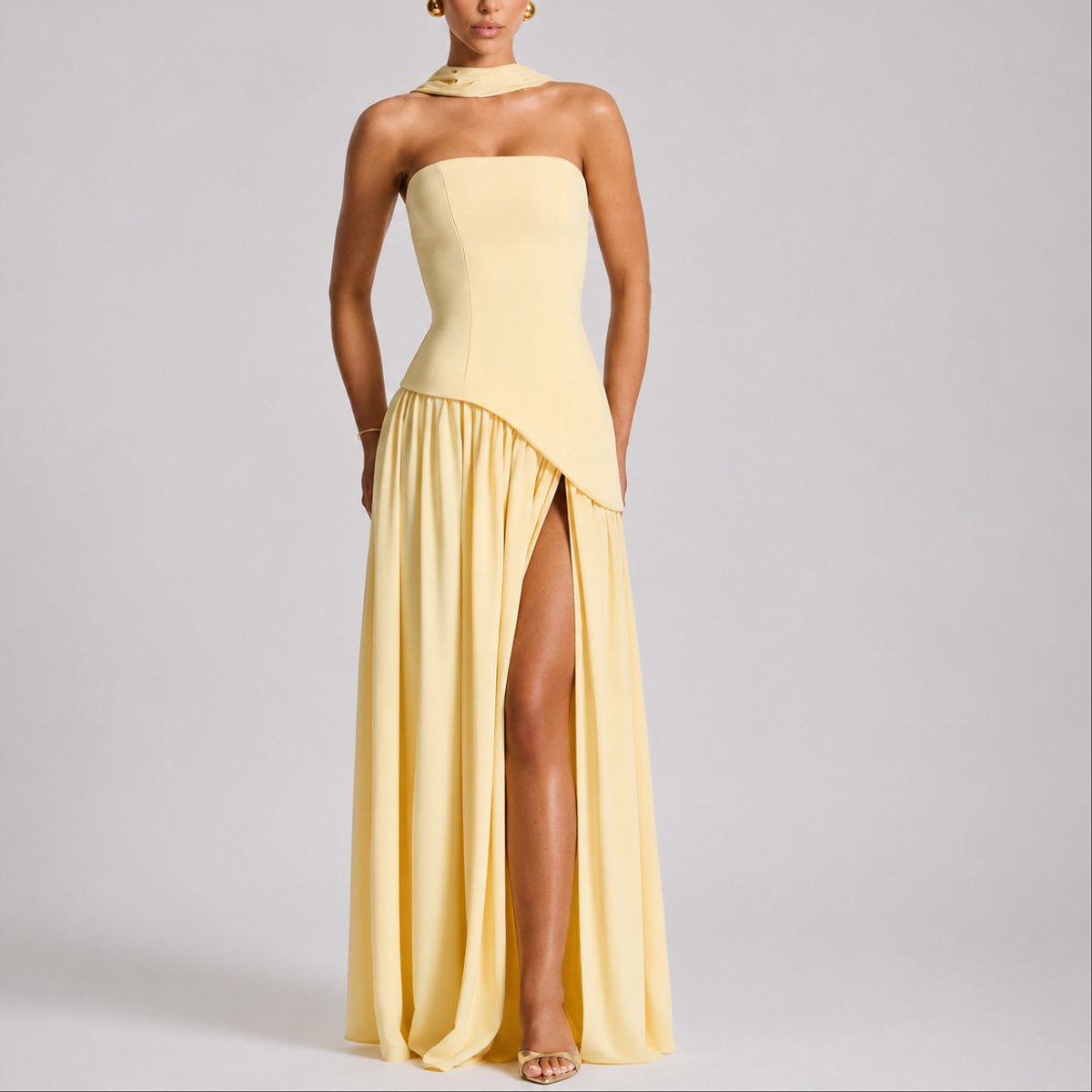 Women's Strapless Open-Back Scarf-Neck Fall Wedding Guest Maxi Dress - Yellow
