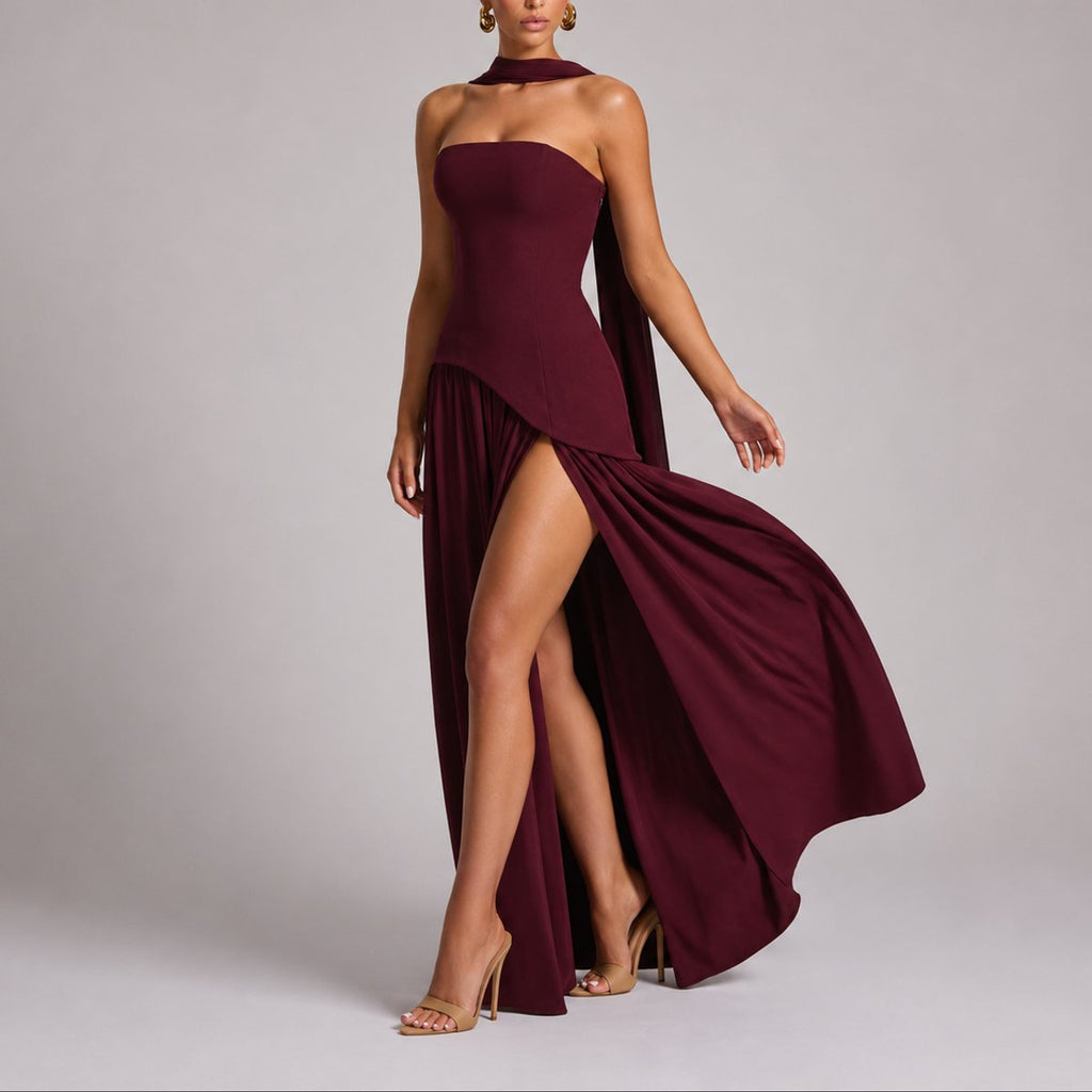 Women's Strapless Open-Back Scarf-Neck Fall Wedding Guest Maxi Dress - Red