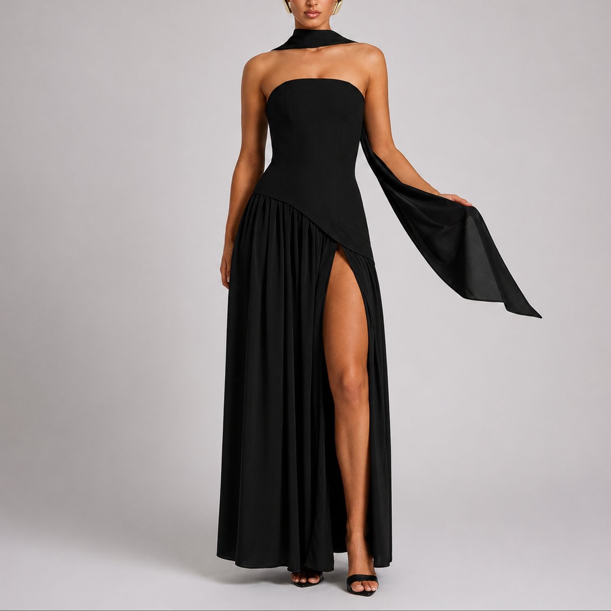 Women's Strapless Open-Back Scarf-Neck Fall Wedding Guest Maxi Dress - Black