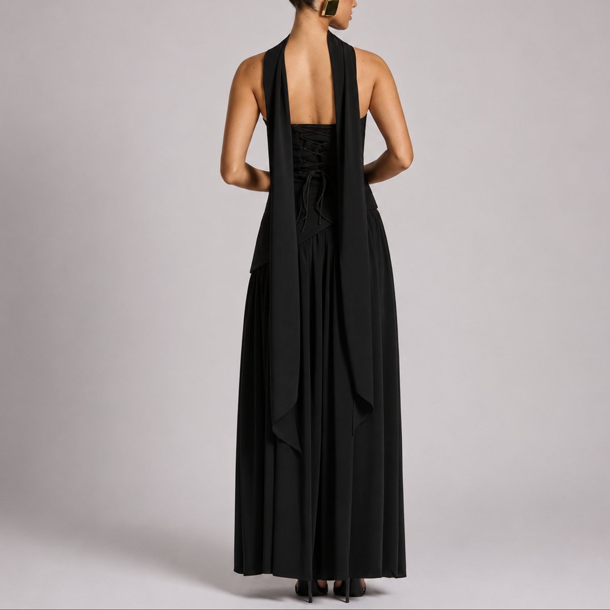 Women's Strapless Open-Back Scarf-Neck Fall Wedding Guest Maxi Dress