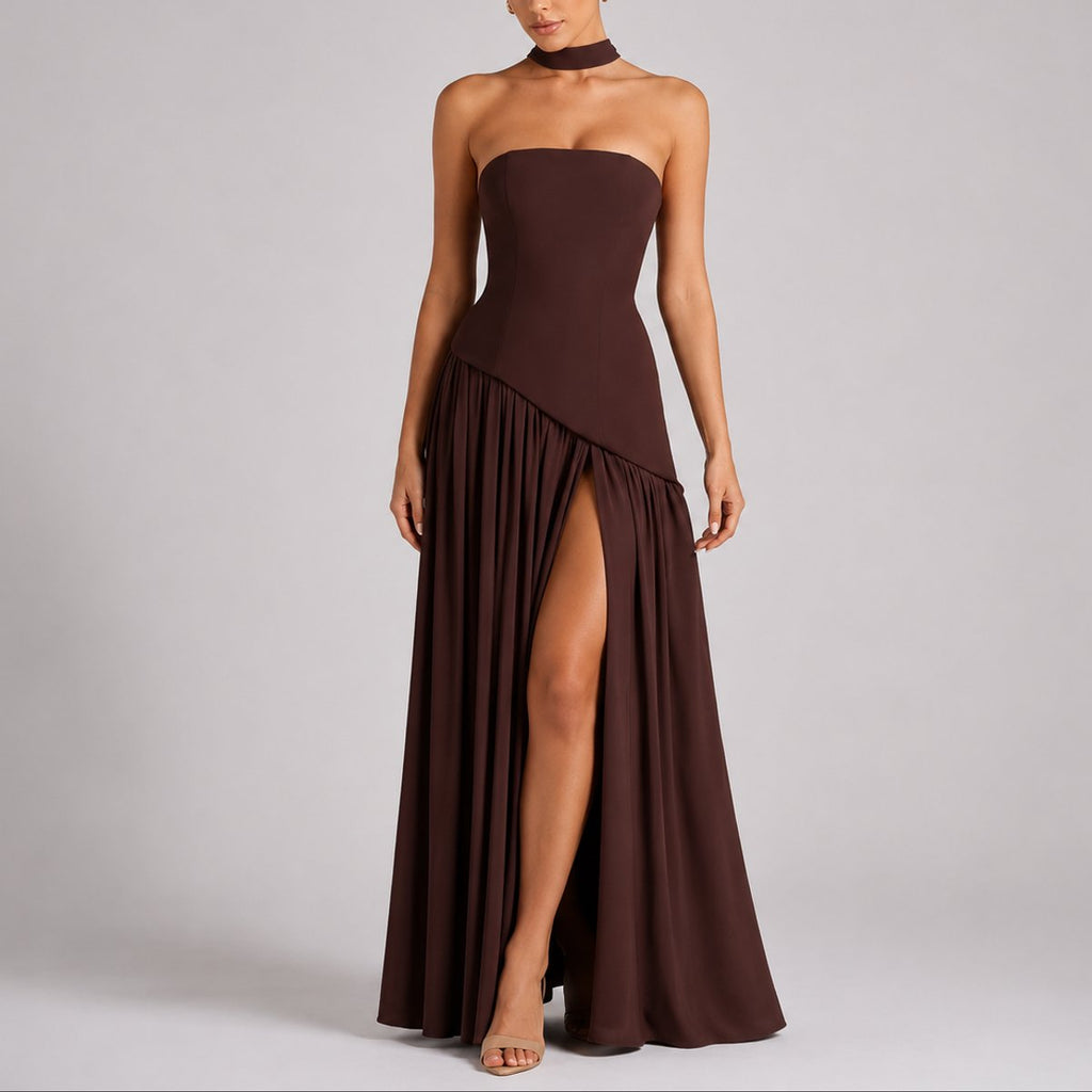 Women's Strapless Open-Back Scarf-Neck Fall Wedding Guest Maxi Dress - Brown